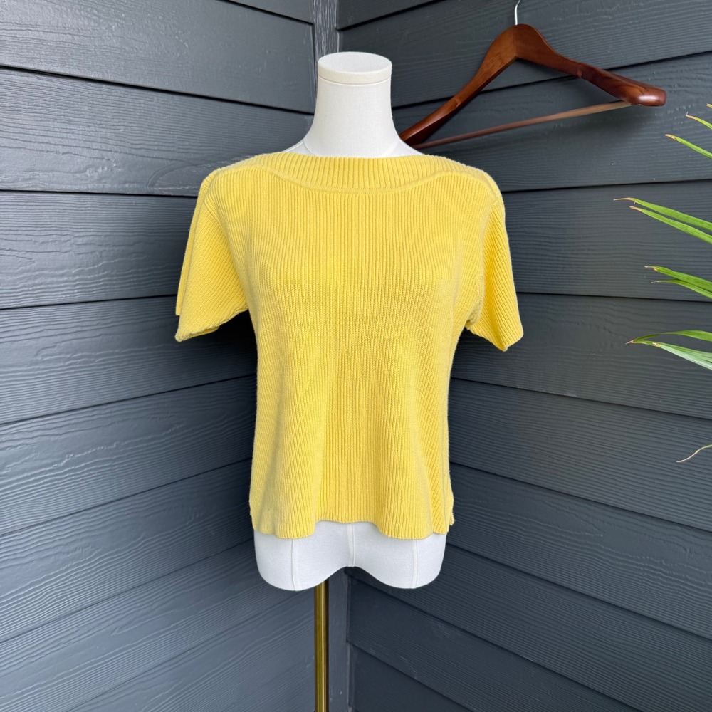 Liz Claiborne Yellow Rib Knit Cotton Short Sleeve Sweater Top Women's Small